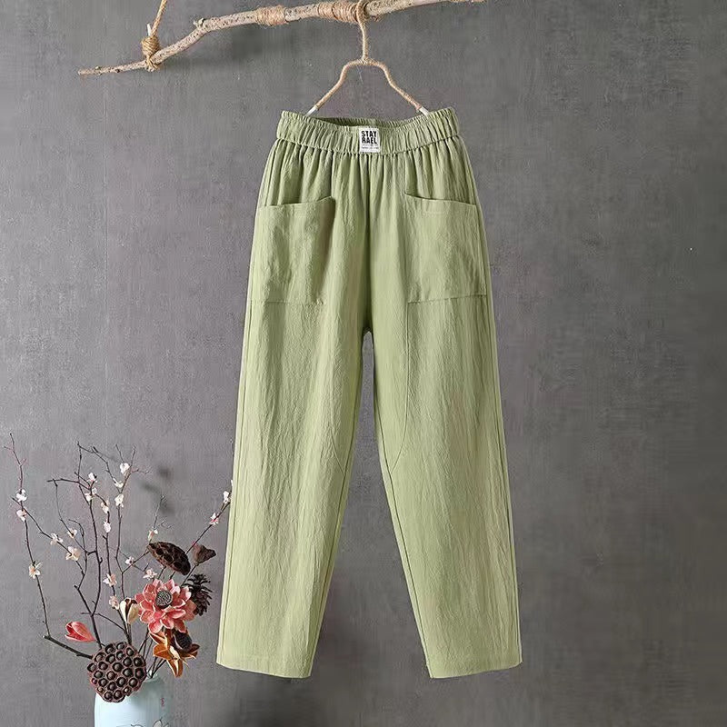 LĂ€ssige Hose aus Baumwolle und Leinen mit elastischer Taille