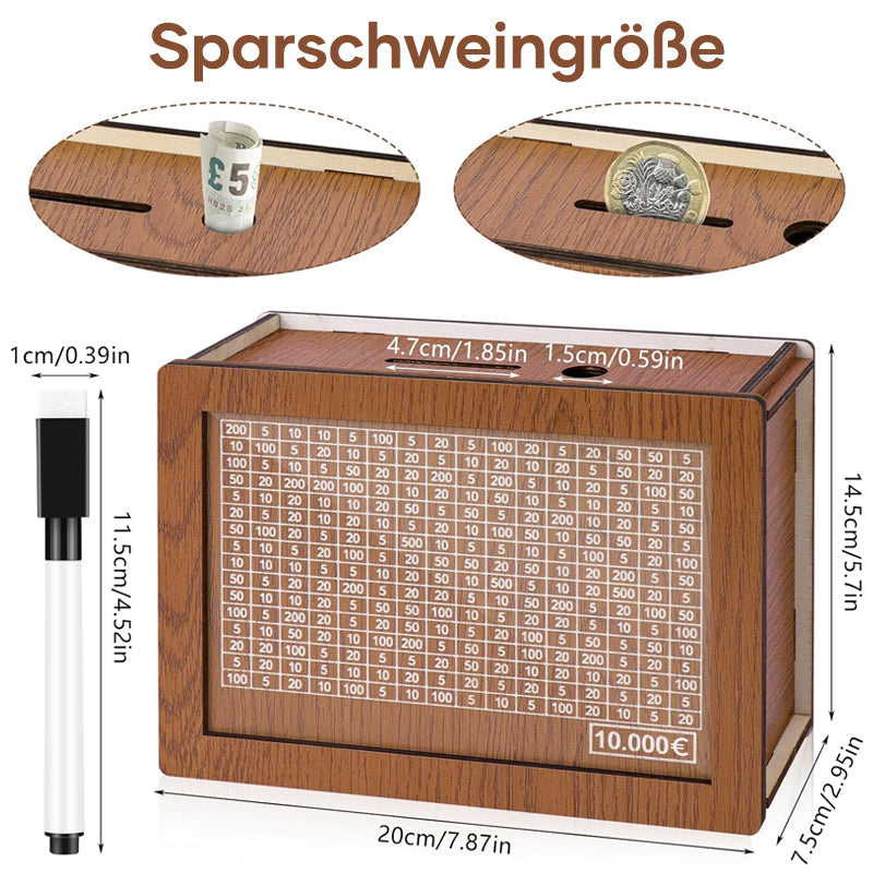 Sparschwein aus Holz mit Zähler