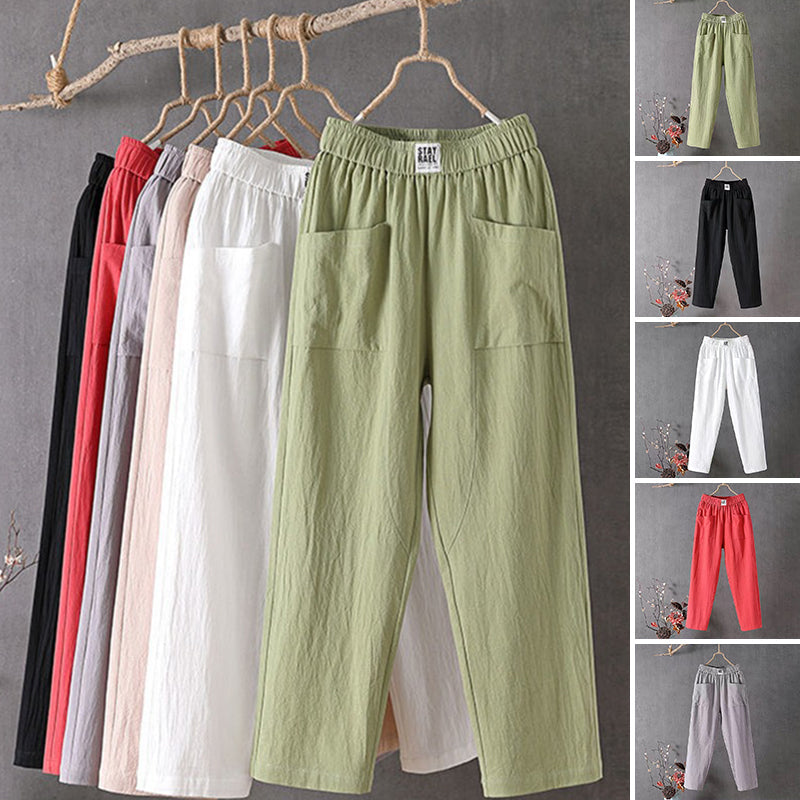 LĂ€ssige Hose aus Baumwolle und Leinen mit elastischer Taille