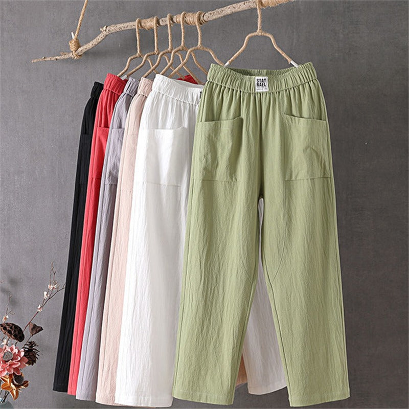 LĂ€ssige Hose aus Baumwolle und Leinen mit elastischer Taille