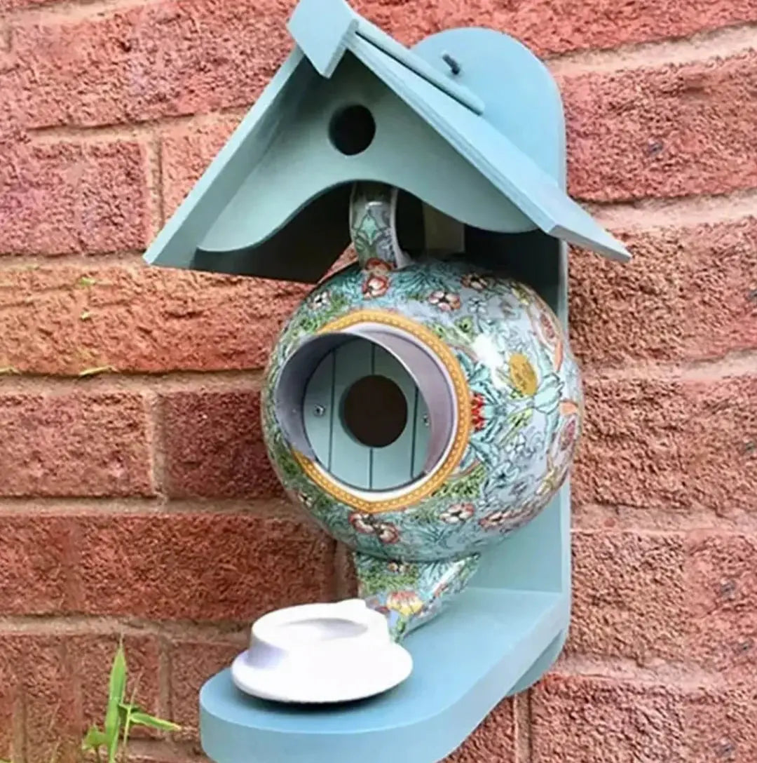 Vogelhaus Teekanne handbemalt aus Harz für Garten